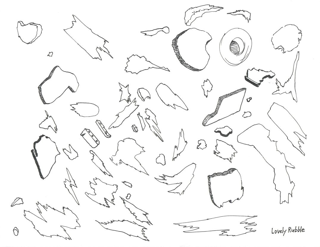 A bunch of doodled flat shapes and ripped looking, paper like shapes.