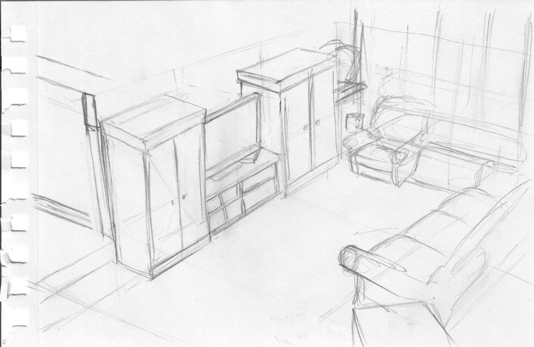 Pencil sketch of my living room, drawn from my memory. The view is an impossible view from above, looking down into the room at an angle.