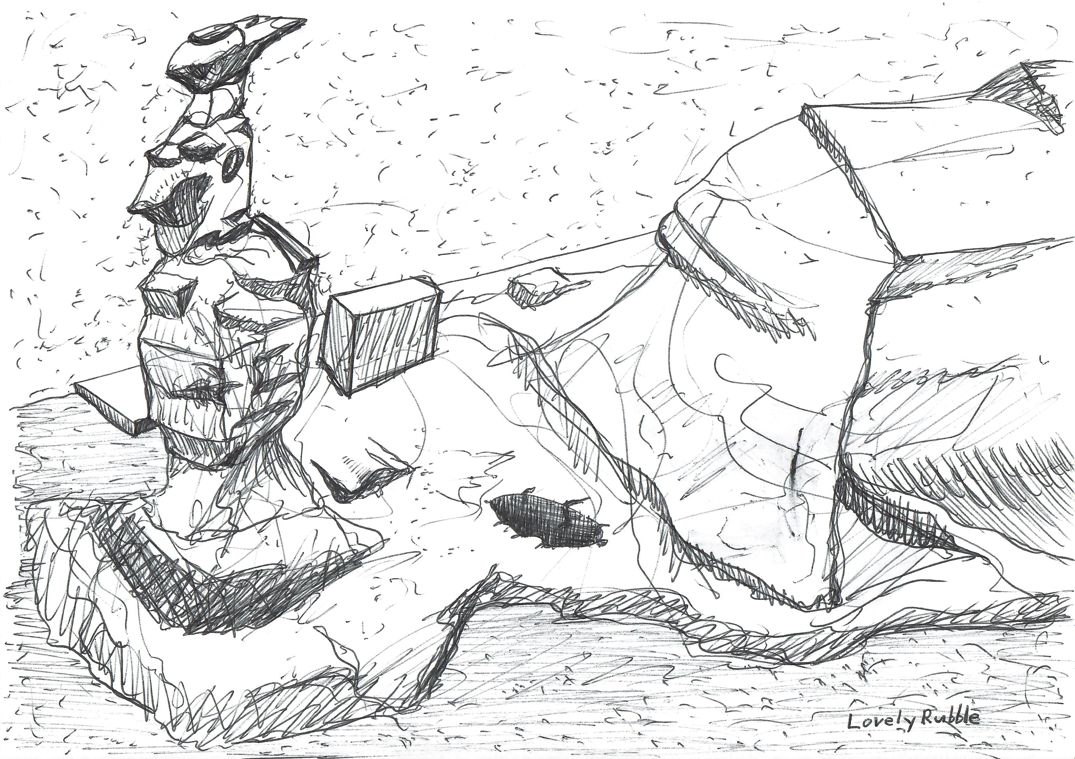 A very scribbly landscape drawing. Has a weird looking stony pillar thing on the left.