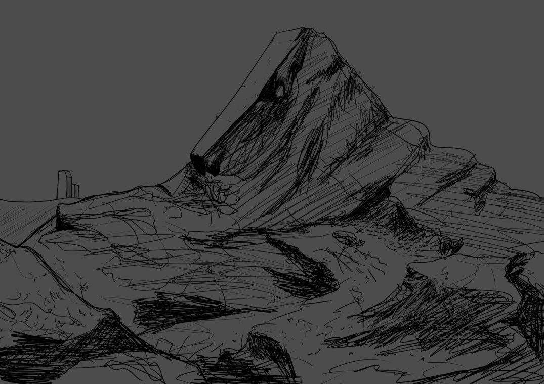 Line and dark gray toned drawing of mountain with a strangle, flat cut side.