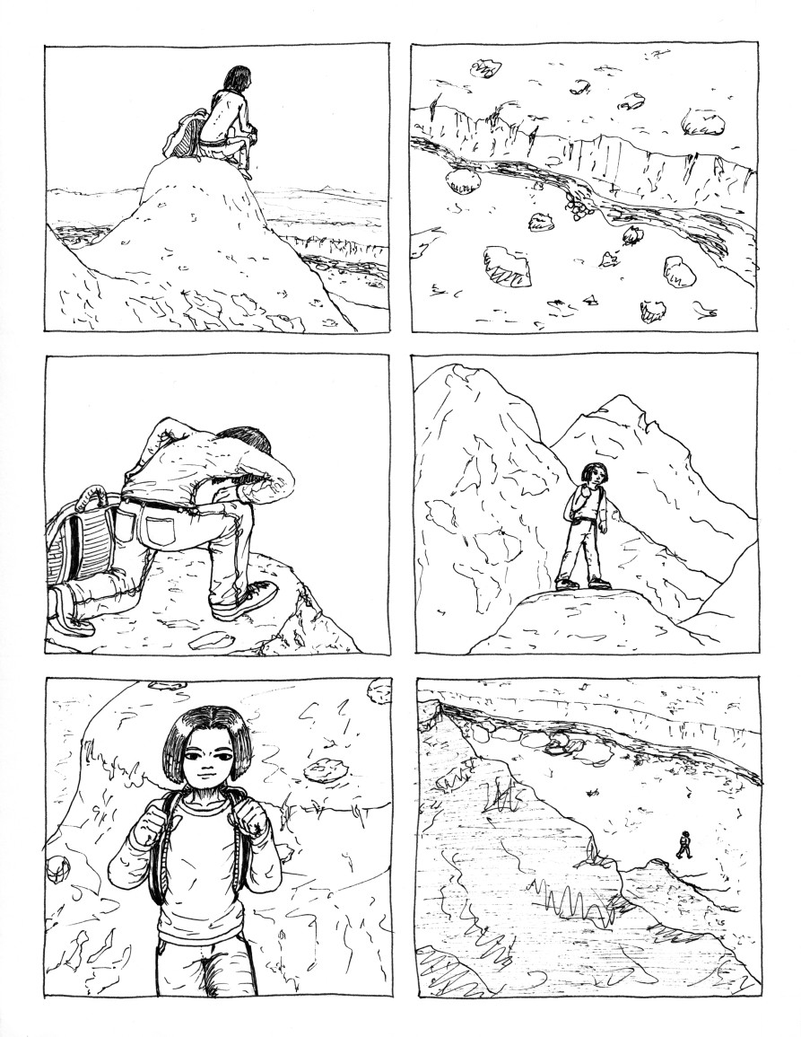 Comic page of a traveler walks down a mountain towards a river