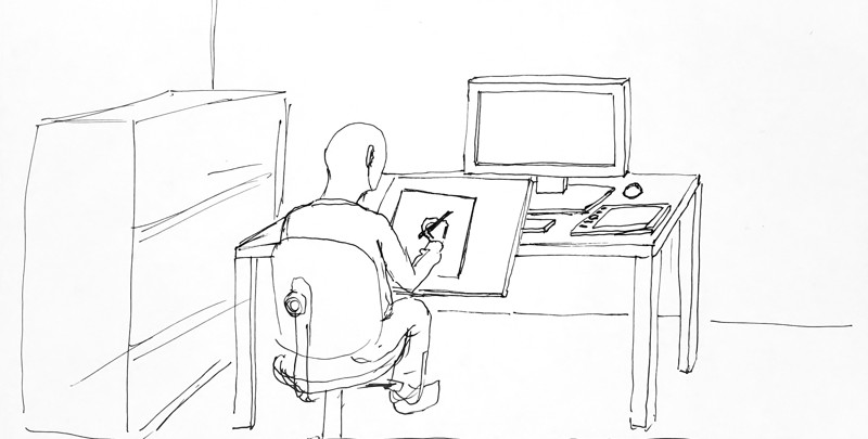 Sketch of rubble drawing at his desk from behind.